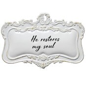 Wholesale - 18"x12" HE RESTORES MY SOUL Print Scallpd Enamel Metal Wall Decor C/P 8, UPC: 651961762911